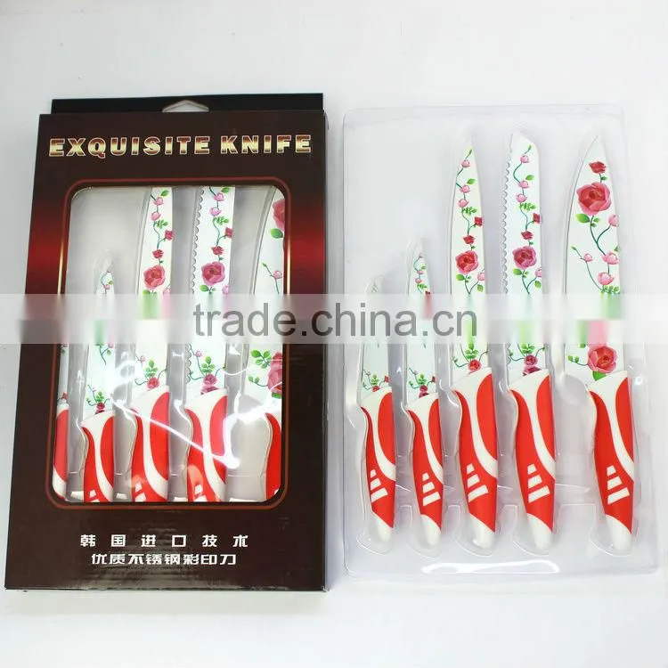 Rose printing multi colorful kitchen knife set