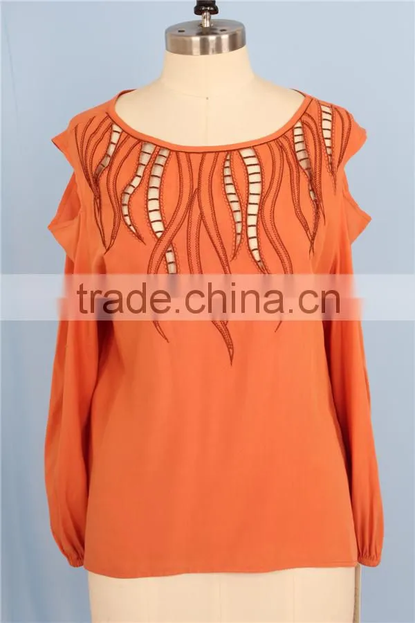 2015 long sleeve round neck laser front women sexy blouse