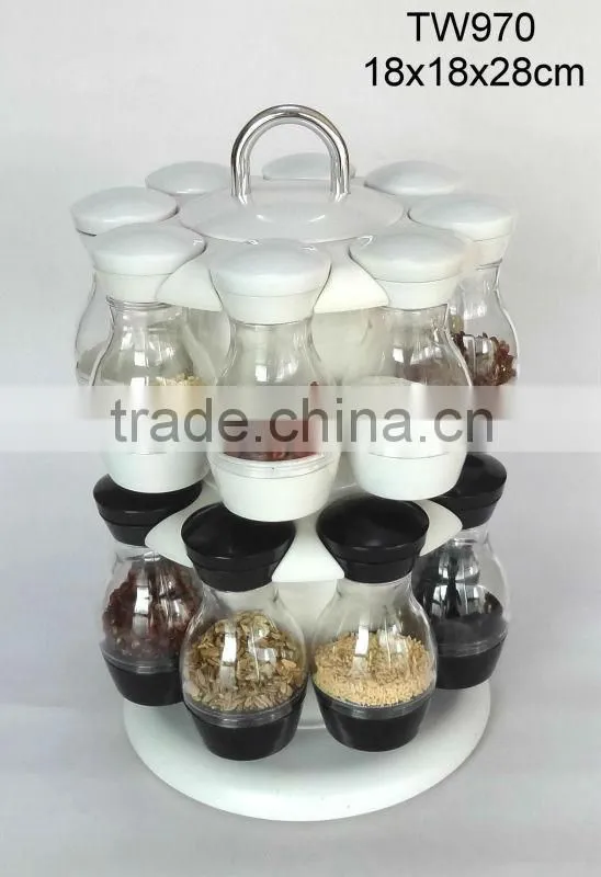 TW982 16pcs glass spice shaker spice jar with plastic lid and rack