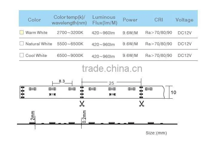 Natural White/ Warm White/Cool White 9.6W/M DC12V SMD3014 IP20 120LED/M 420~960LM/M Flexible Led Strip light