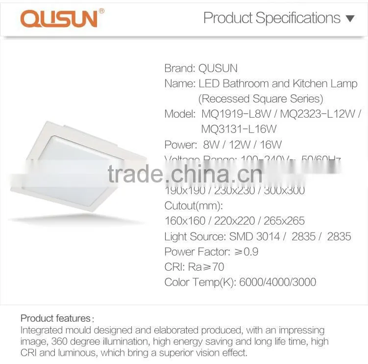LED Bathroom and Kitchen Lamp / Ceiling Lamp 12W Square Embeded Mounted