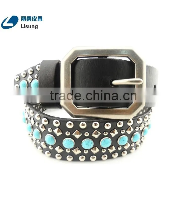 Lady Genuine Leather Turquoise Rhinestone Dress Strap Belt