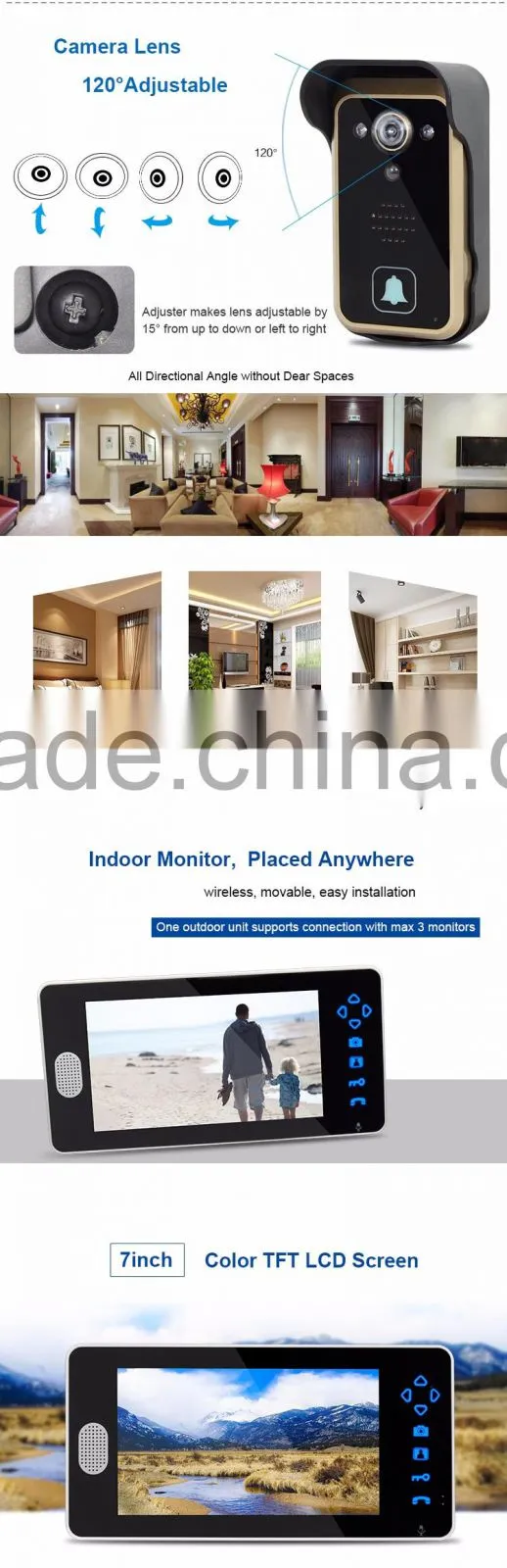 Home Security 1 Camera 3 Monitors Wireless Color Video Doorphone