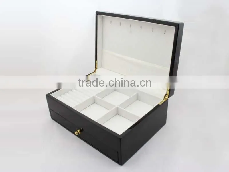 Customized Handmade black wooden jewelry box with compartment and hooks
