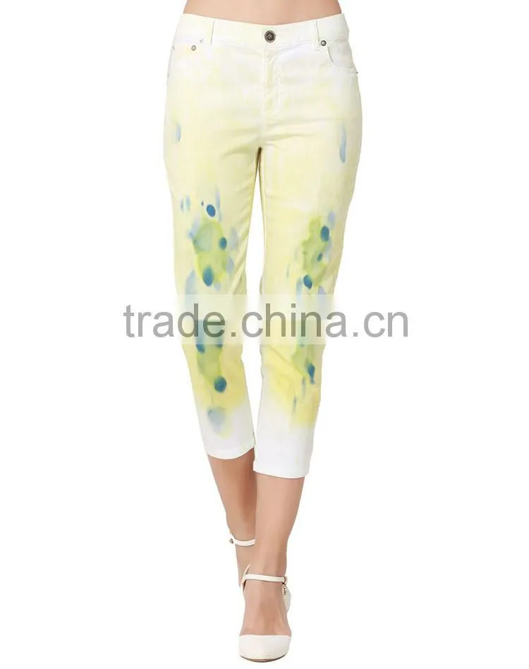 Guangzhou apparel wholesale printing leggings low waist fashion ladies printed cropped jeans trousers