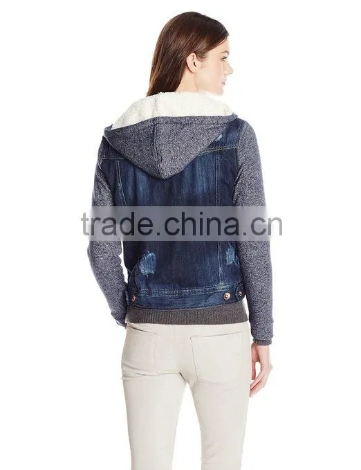 Jeans Women's Oversized Denim Jacket with Combo Knit and Sherpa