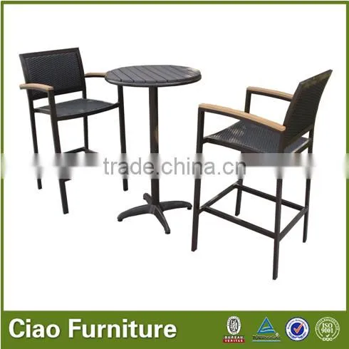 outdoor pe rattan bar furniture with teak wood arm