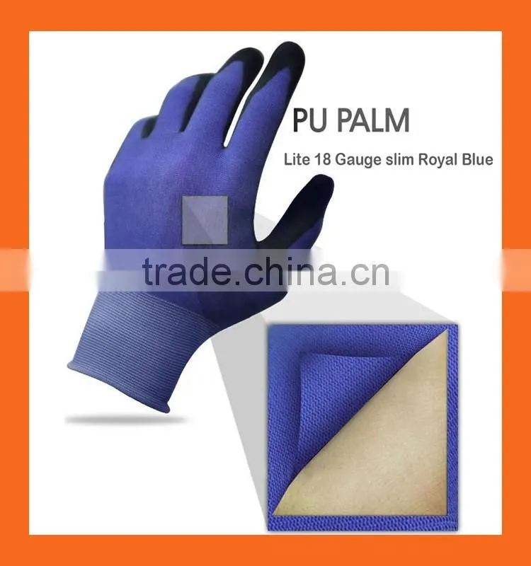 18 Gauge Ultra Lite Black Polyurethane Coated Gloves,Blue Nylon Working PU Gloves,Safety PU Palm Fit Gloves
