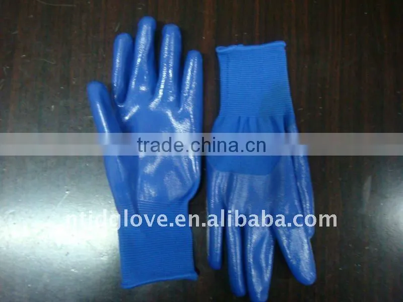 Nitirle gloves. 13G blue nylon with blue nitirle coating ,knitt wrist open back .