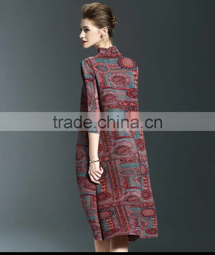Ancient printing high neck oversize spring dresses for fat lady