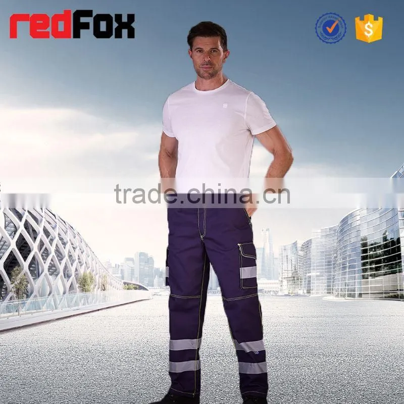 cheap colored blue cotton work pants with reflective tape