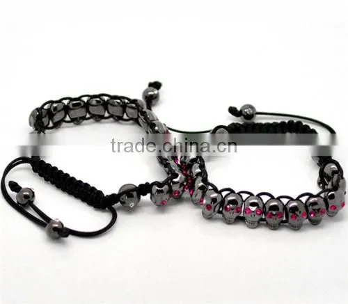 Fuchsia Rhinestone Halloween Skull Beads & Hematite Beads & Black Braiding Adjustable Bracelet 22cm-25cm