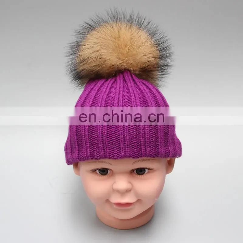 Fashion striped pattern fur pompom hat knitted kids bobble hats for winter warm