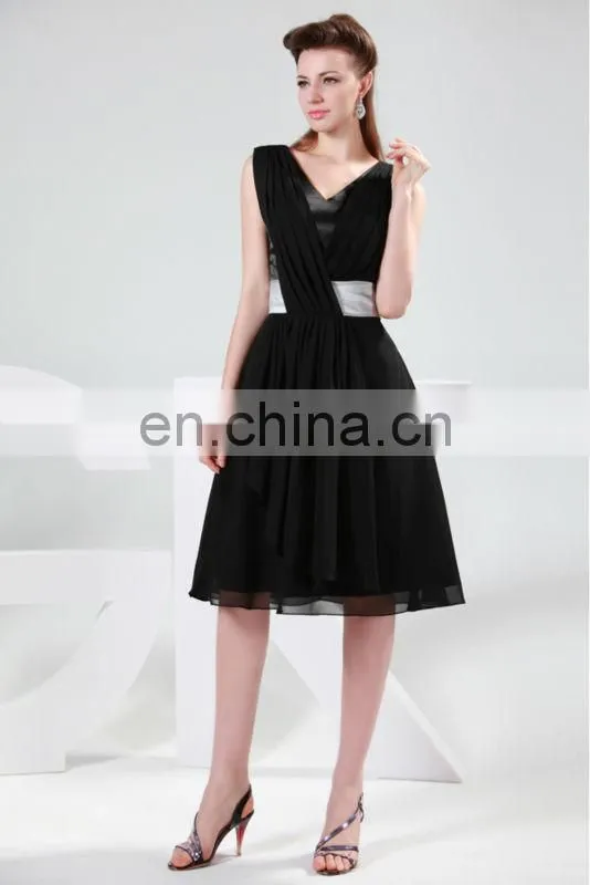 2015 Grace Karin V-Neck Sleeveless Chiffon Knee Length Black Evening Party Dresses CL4361