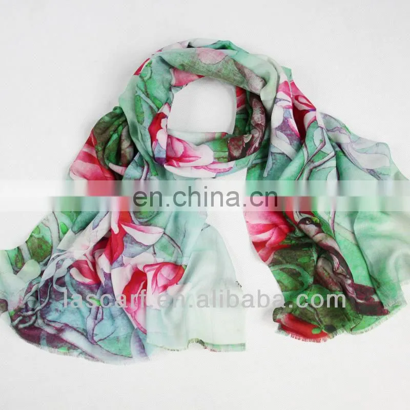 green color lotus pattern digital printing wool scarf