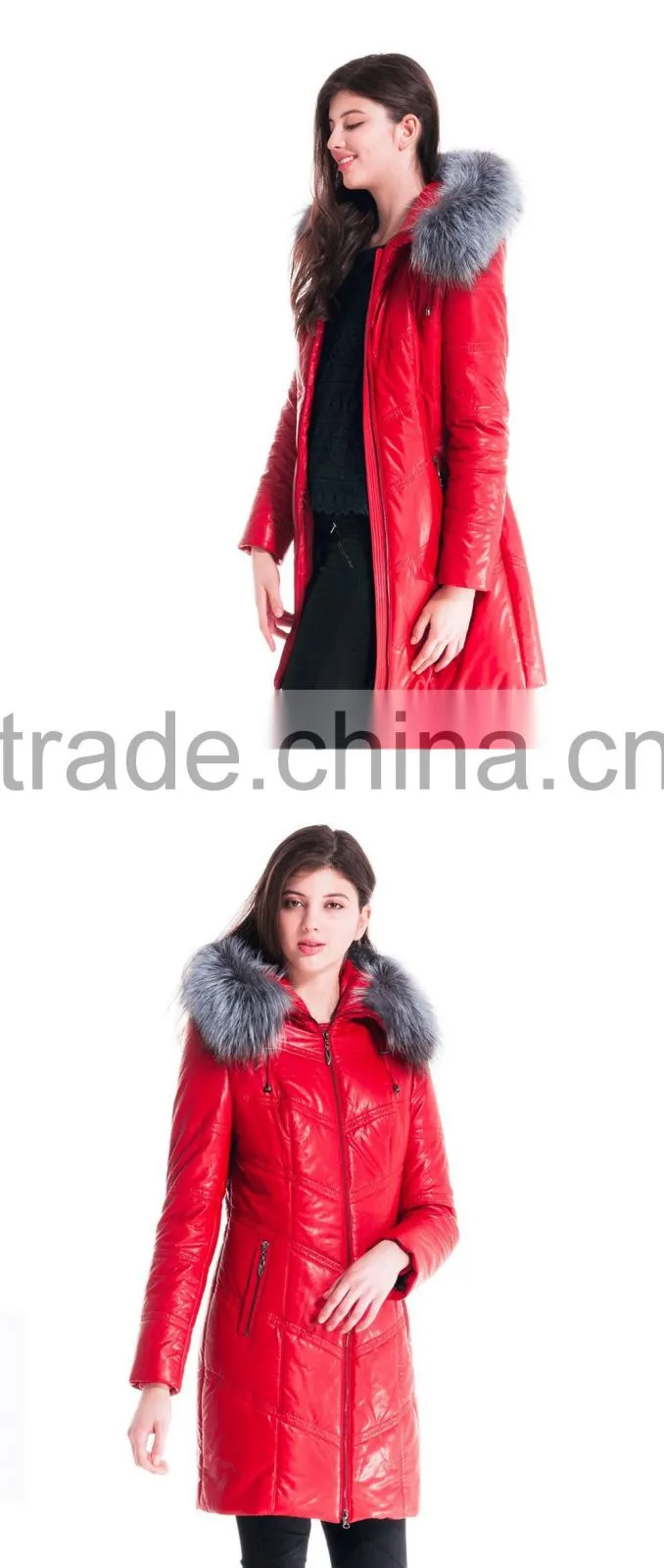 New 2016 Women Winter Leather Jacket Medium Length Slim Fit Coat With Brown Fox Fur Hat Overcoat