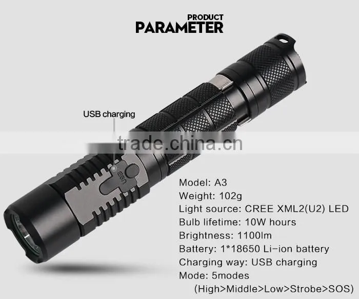 Hot sale USB LED flashlight high quality A3 torch light rechargeable battery flash light emergency tactical clip flash light