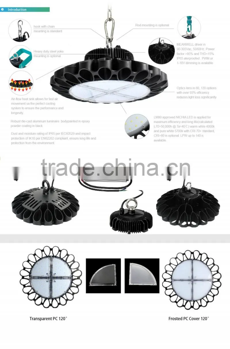 5 Years Warranty Promotion Price 2016 CE Rohs Approved Meanwell Driver Wireless & Motion Control 150W UFO LED High Bay Light