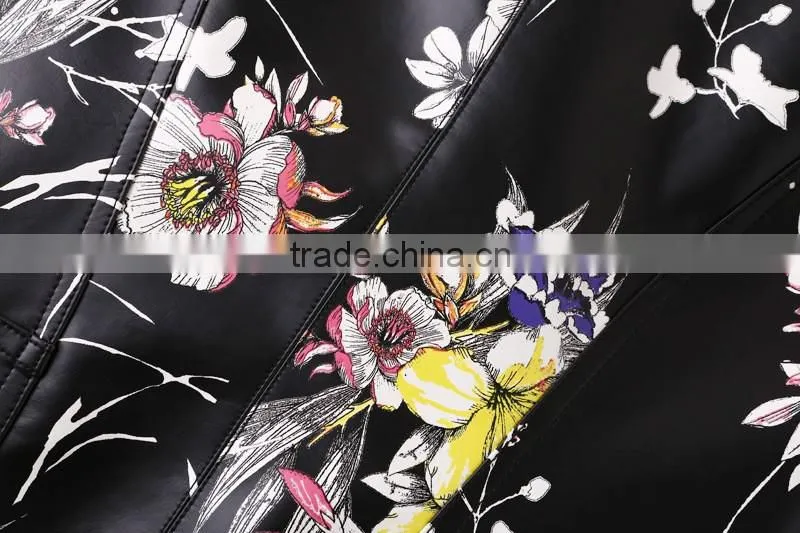 wholesale clothing floral print PU motor jacket
