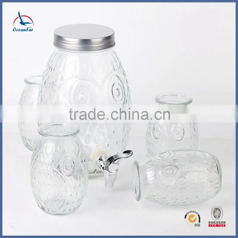 4L Hot Sale Beverage Glass Jar Owl Shape Cup Glass Dispenser