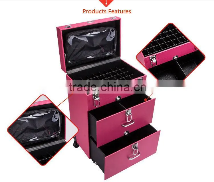 Guangzhou Wholesale Pink Pvc Rolling Cosmetic Train Case