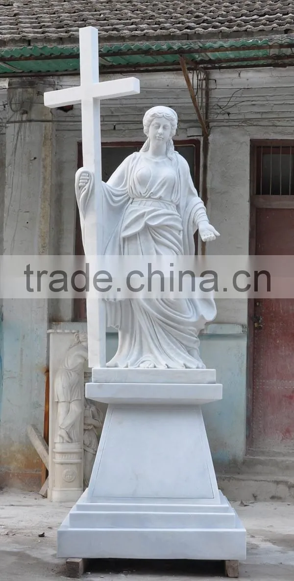 Hand Carved White Marble Woman Statue with Cross