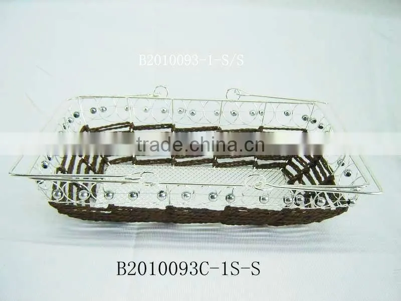 Silver metal wire and paper rope rectangle fruit storage basketry