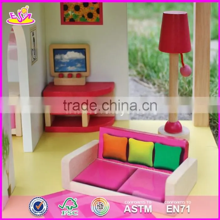 2017 New products lovely girls pink wooden dolls house for sale W06A165
