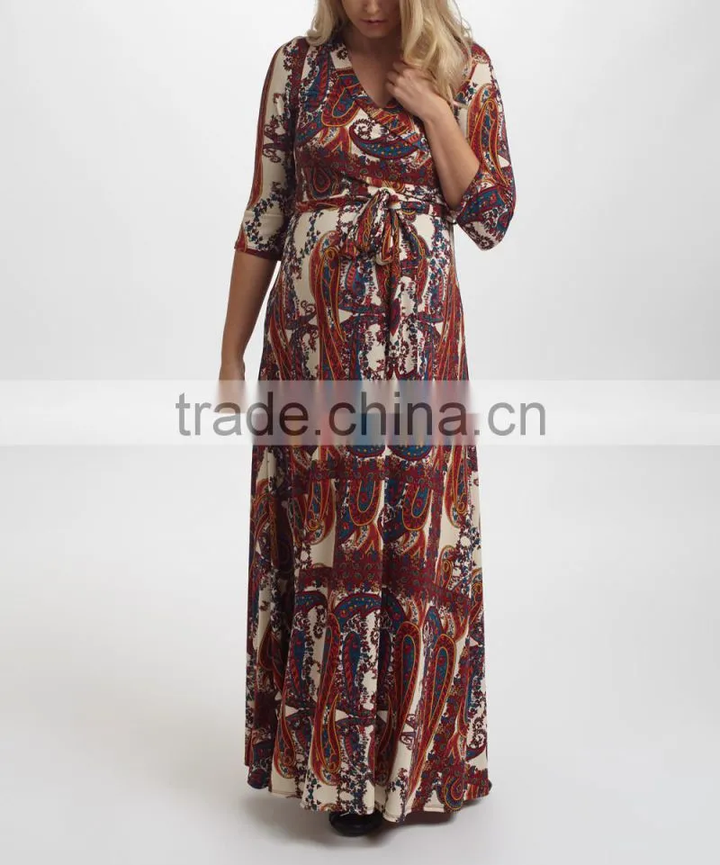 Newest Maternity Dresses With PinkBlush Burgundy Paisley Maternity Maxi Dress Women Wear WD80817-27