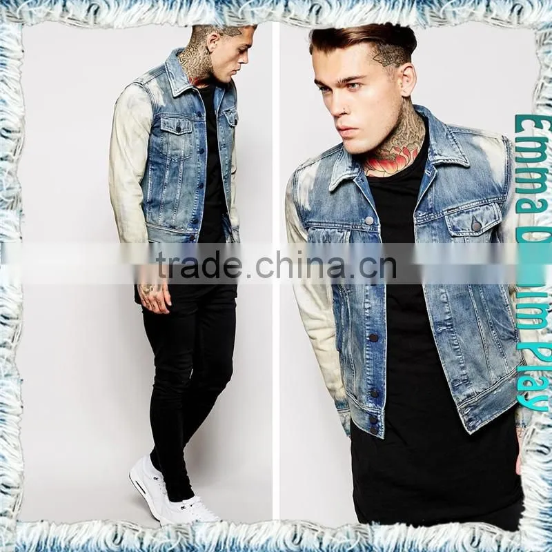 2016 Spring Tops Sleeves Bleached White Blue Denim Men's Jackets Clothes