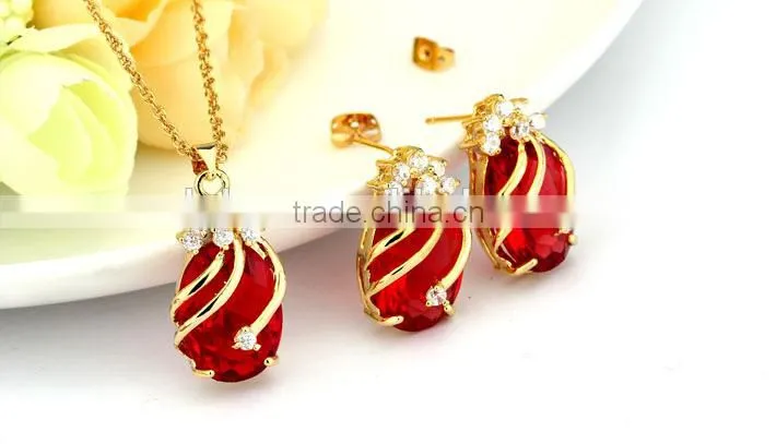 Copper Gemstone Fashion Jewelry Sets,Drop Earrings Crystal Pendant Necklace Bridal Jewelry Set (Red,Green,Blue,Purple and Black)
