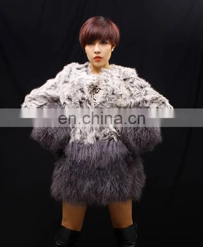 Factory price lamb fur coat with mongolian lamb fur trimming for ladies