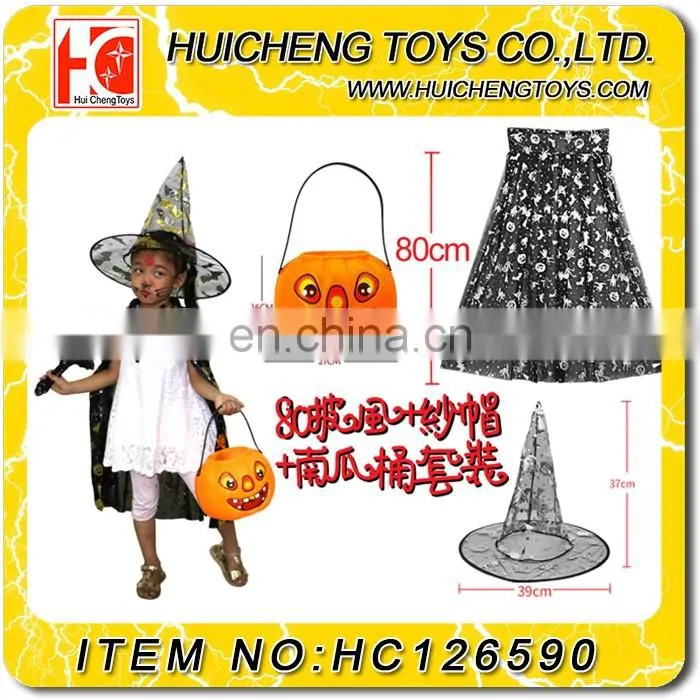 Manufacturers china wonderful kids halloween costoms with cloak hat and pumpkin bucket