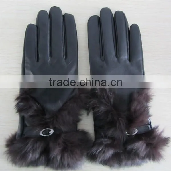 women high fashion rabbit fur leather glove