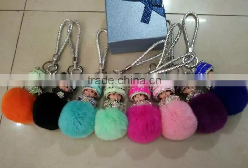 Hot selling rabbit fur accessories monchhichi leather keychain fur pompoms