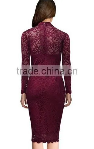 Women's Classicial Floral Lace Long Sleeve Slim Formal Mini Dress