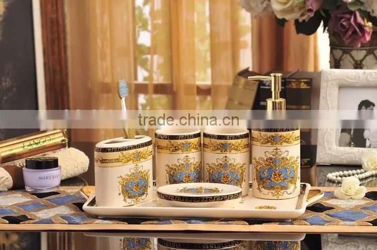 Royal Elegant European Style Golden Ceramic Bathroom Accessory Set in 6 Pcs, Classic Bathroom Set Cup, Dispenser BF12-03254c