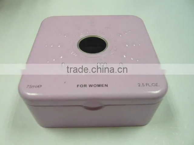 Square Perfume Can with Clear Window and Opening Nob