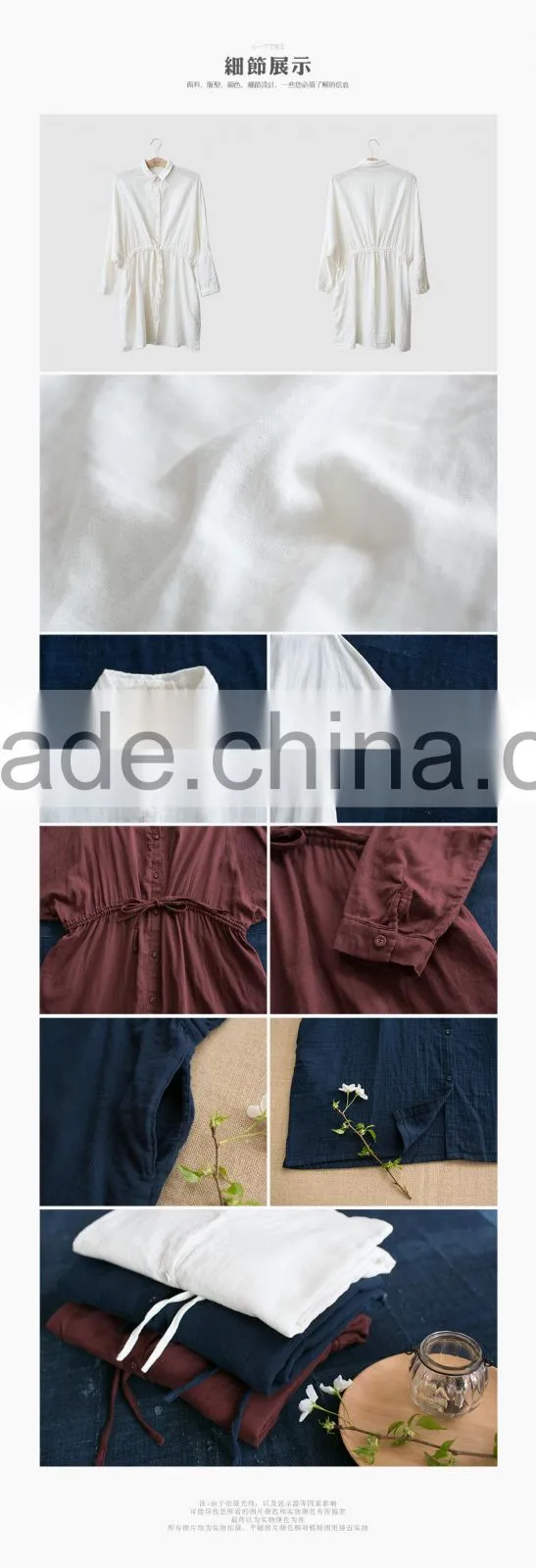 New arrival white color double layer cotton women shirt with waist belt