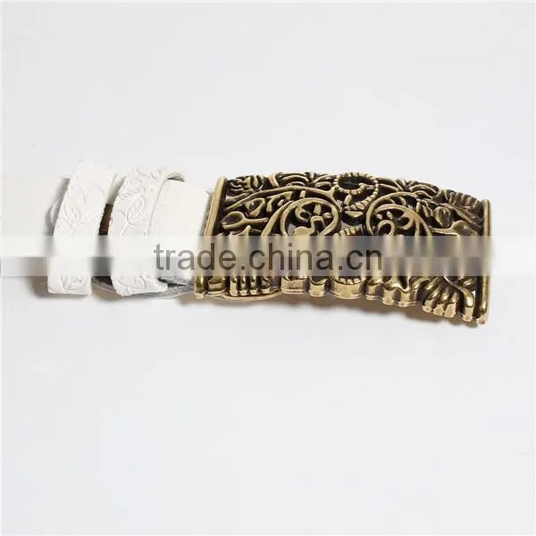 Cowhide Leather Belt Waistband Rectangle Antique Bronze White Flower Leaves Carved