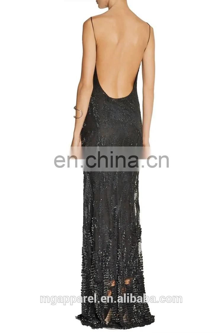 ladies long night dress sexy black gown sexy open back dresses embellished tulle evening gown