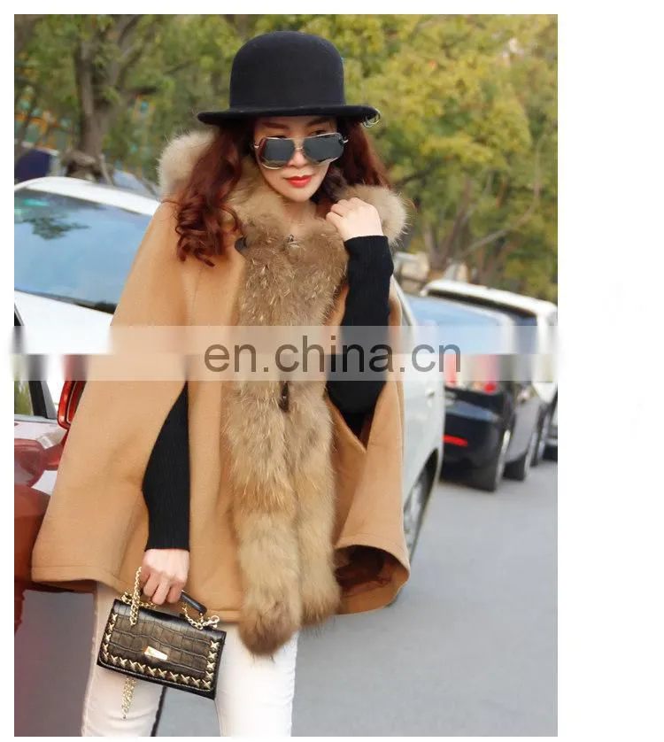 Great Quality Wool Shawl Coat Genuine Raccoon Fur Cape with Fur Hood