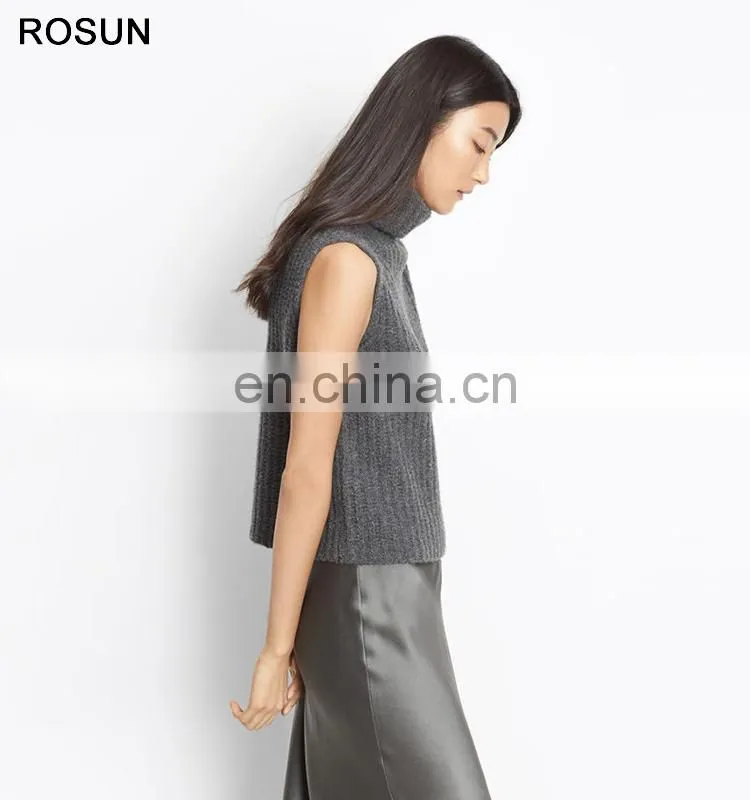 Women Grey Chunky Rib Cashmere Sleeveless Turtleneck Sweater