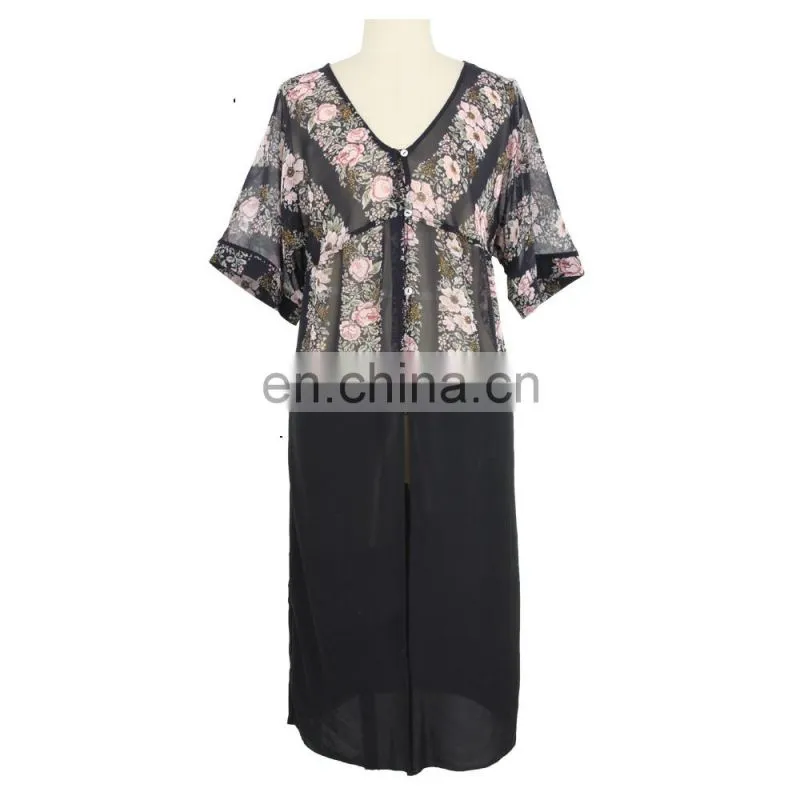 2017 New design Black Floral Embroidered short sleeve V neck chiffon woman dress