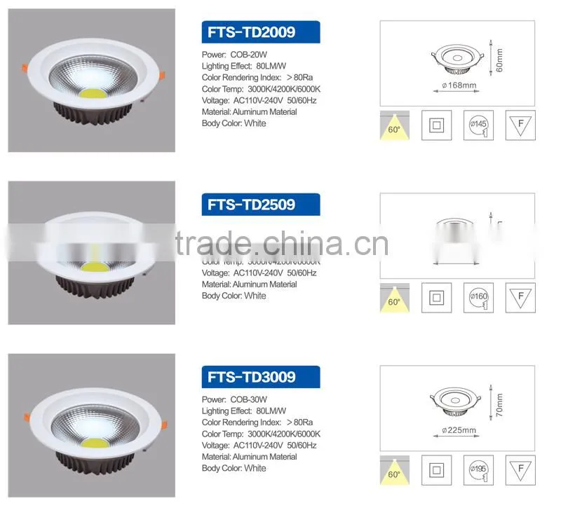 3years warranty embedded ceiling 3W,5W,7W,9W,12W,15W COB led downlight, 8inch 20w led downlight housing,30W led downlight price