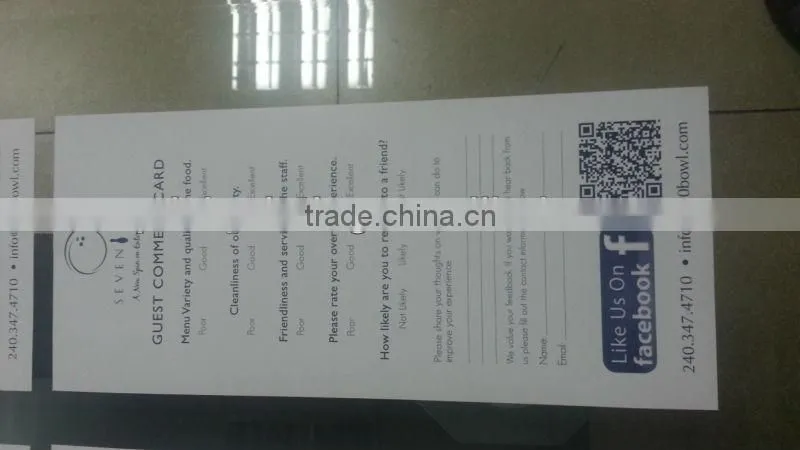 Restaurant's Customer Comment Cards Printing With Customized Size