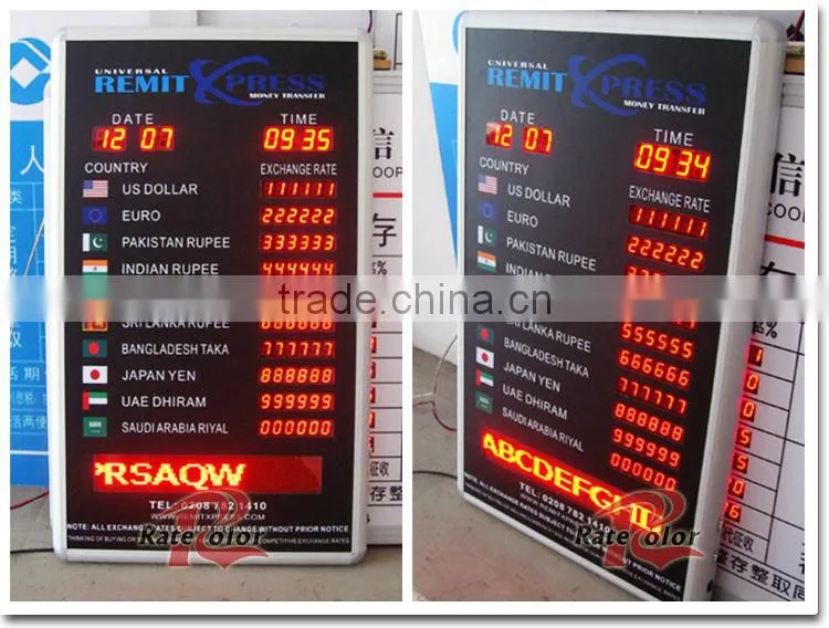 Wall Mouted Aluminum Fram LED Electronic currency exhange rate display board for Bank