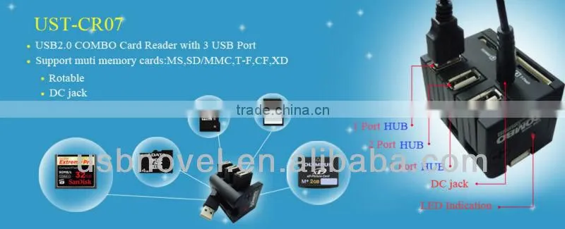 USB 2.0 COMBO Card Reader with 3 USB Port