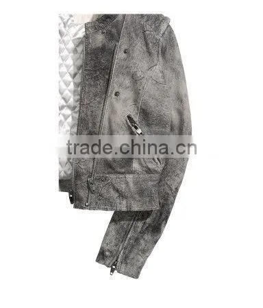 Gray Vintage Leather Biker Jacket for Woman