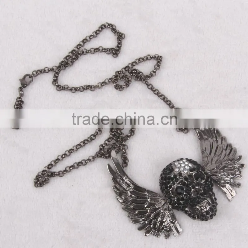 hiphop jewelry halloween necklace punk skull pendant with wings sweater chain black chrome plated 2015 new made in China yiwu